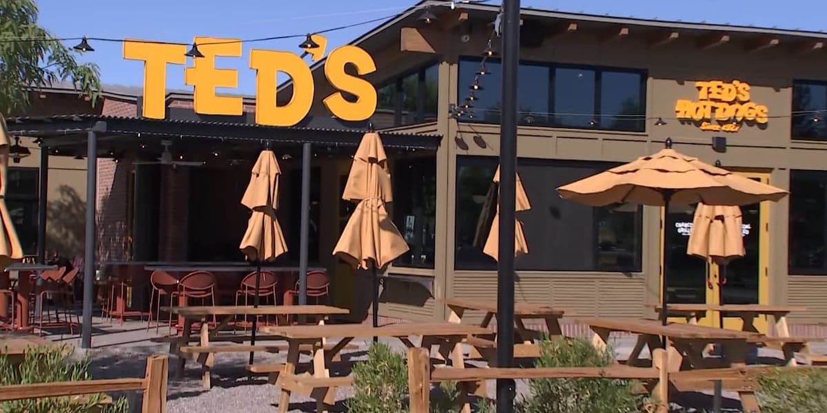 A Ted's Hot Dogs restaurant and patio
