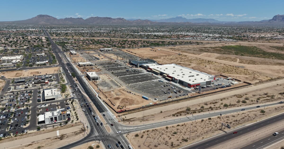 An aerial view of a developed site and surrounding roads