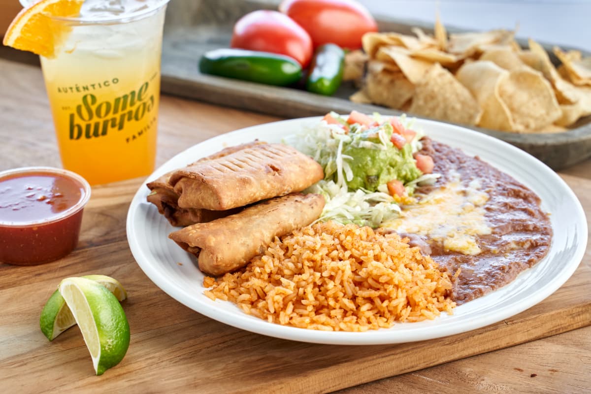 A Someburros meal with rice, beans and a drink