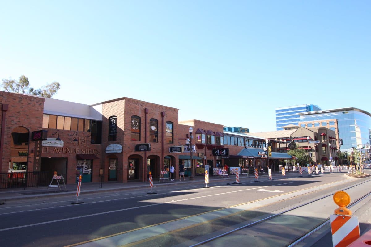Buildings and rail tracks along Mill Avenue